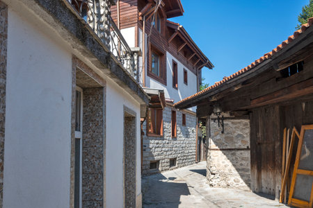 Typical street and buildings at old town of Bansko, Blagoevgrad Region, Bulgariaの写真素材