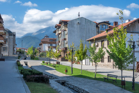 Typical street and buildings at old town of Bansko, Blagoevgrad Region, Bulgariaの写真素材