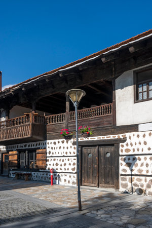 Typical street and buildings at old town of Bansko, Blagoevgrad Region, Bulgariaの写真素材