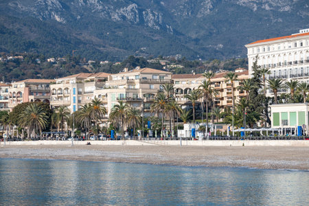 MENTON, FRANCE - JANUARY 27, 2024: Panorama of coast of town of Menton, Provence Alpes-Cote d'Azur, Franceのeditorial素材