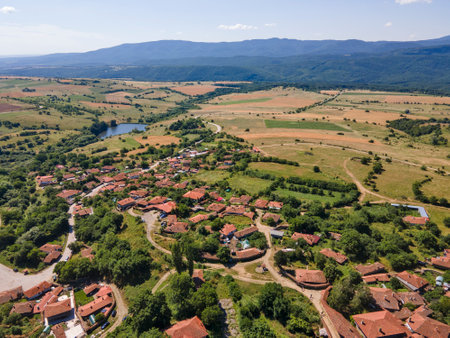 Aerial view of village of Zheravna with nineteenth century houses, Sliven Region, Bulgariaの写真素材