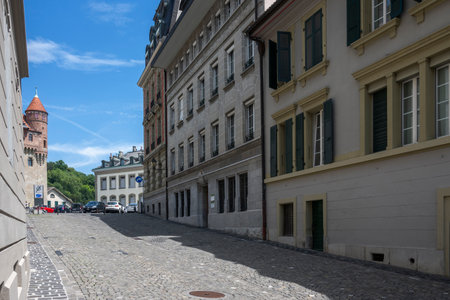 LAUSANNE, SWITZERLAND - JUNE 18, 2023: Typical Building and street at city of Lausanne, Canton of Vaud, Switzerlandの写真素材
