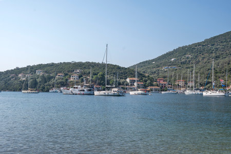 SIVOTA, LEFKADA, GREECE - AUGUST 26, 2023: Summer view of village of Sivota at Lefkada, Ionian Islands, Greeceのeditorial素材