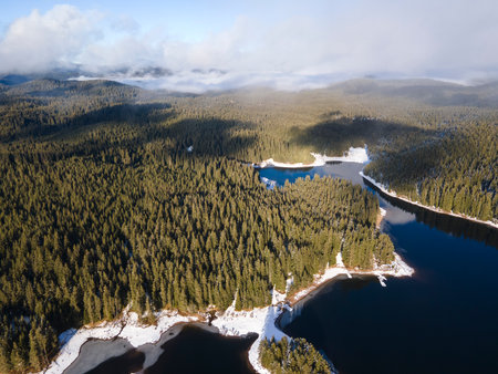 Aerial winter view of Shiroka polyana (Wide meadow) Reservoir, Pazardzhik Region, Bulgariaの写真素材