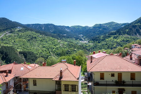 Sprring view of Village of Metsovo near city of Ioannina, Epirus Region, Greeceの写真素材