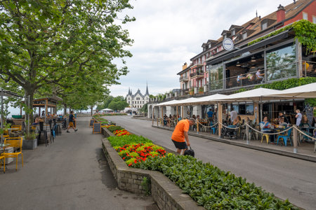 VEVEY, SWITZERLAND - JUNE 19, 2023: Summer panorama of town of Vevey and Lake Geneva, Canton of Vaud, Switzerlandのeditorial素材