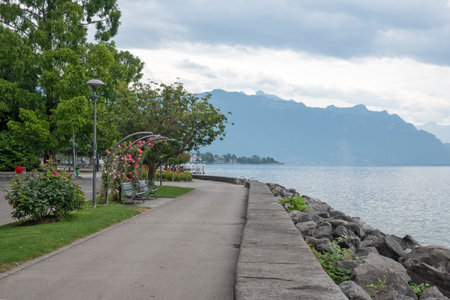 Summer panorama of town of Vevey and Lake Geneva, Canton of Vaud, Switzerlandの写真素材