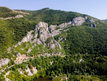 Aerial view of Iskar River Gorge near Lyutibrod, Balkan Mountains, Bulgariaの写真素材