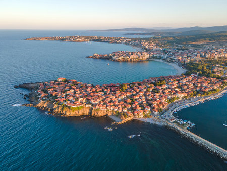 Aerial view of Black sea Coast near town of Sozopol, Burgas Region, Bulgaria
