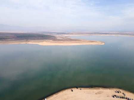 Aerial view of Pyasachnik (Sandstone) Reservoir, Sredna Gora Mountain, Plovdiv Region, Bulgariaの写真素材