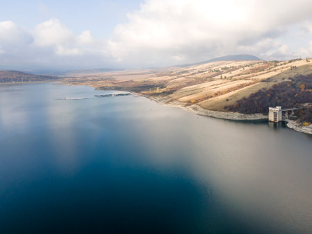 Aerial view of Ogosta Reservoir, Montana Region, Bulgariaの写真素材