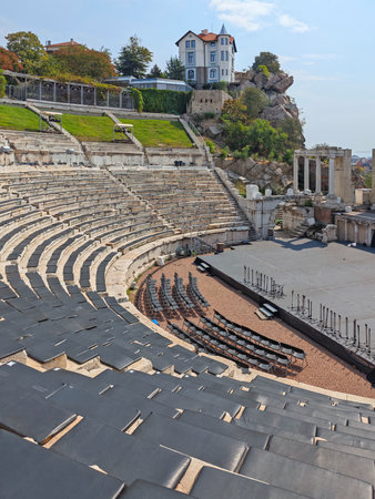 Ruins of Ancient Roman theatre of Philippopolis in city of Plovdiv, Bulgariaの写真素材