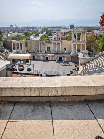 Ruins of Ancient Roman theatre of Philippopolis in city of Plovdiv, Bulgariaの写真素材