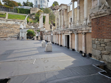 Ruins of Ancient Roman theatre of Philippopolis in city of Plovdiv, Bulgariaの写真素材