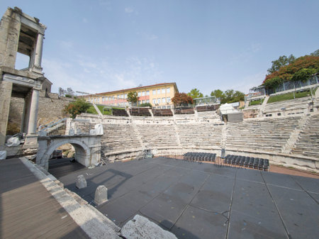Ruins of Ancient Roman theatre of Philippopolis in city of Plovdiv, Bulgariaの写真素材