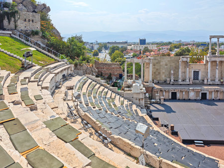 Ruins of Ancient Roman theatre of Philippopolis in city of Plovdiv, Bulgariaの写真素材