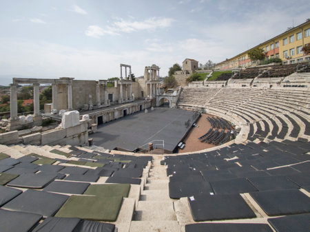 Ruins of Ancient Roman theatre of Philippopolis in city of Plovdiv, Bulgariaの写真素材
