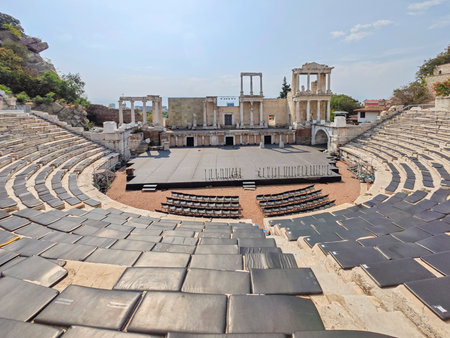 Ruins of Ancient Roman theatre of Philippopolis in city of Plovdiv, Bulgariaの写真素材