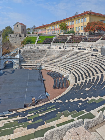 Ruins of Ancient Roman theatre of Philippopolis in city of Plovdiv, Bulgariaの写真素材