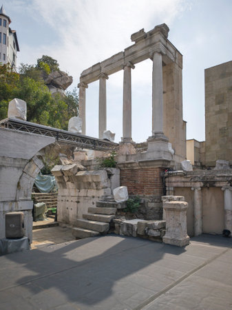 Ruins of Ancient Roman theatre of Philippopolis in city of Plovdiv, Bulgariaの写真素材