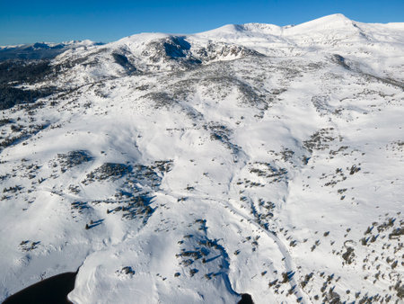 Amazing Aerial winter view of Rila mountain near Belmeken Dam, Bulgariaの写真素材