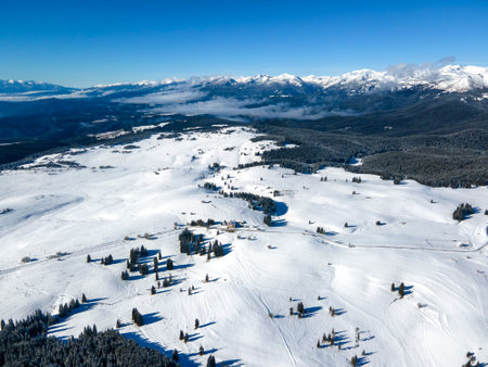 Amazing Aerial winter view of Rila mountain near Belmeken Dam, Bulgariaの写真素材