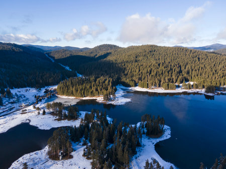 Aerial winter view of Shiroka polyana (Wide meadow) Reservoir, Pazardzhik Region, Bulgariaの写真素材