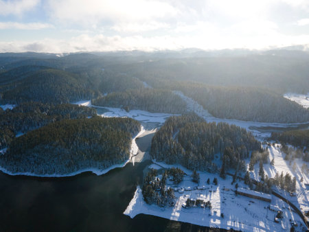 Aerial winter view of Shiroka polyana (Wide meadow) Reservoir, Pazardzhik Region, Bulgariaの写真素材