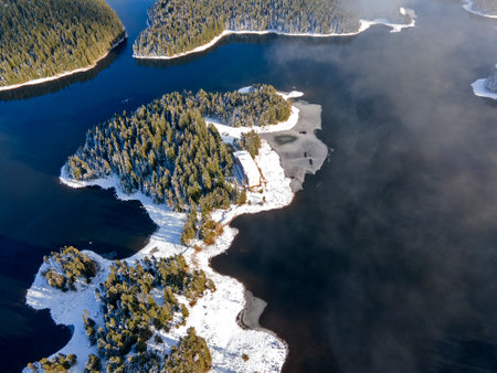 Aerial winter view of Shiroka polyana (Wide meadow) Reservoir, Pazardzhik Region, Bulgariaの写真素材