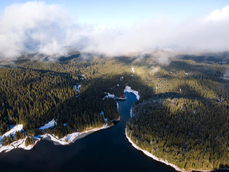 Aerial winter view of Shiroka polyana (Wide meadow) Reservoir, Pazardzhik Region, Bulgariaの写真素材