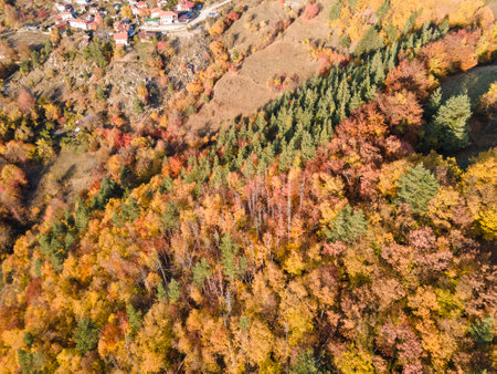 Amazing Aerial Autumn view of Rhodope mountain near village of Borovo, Plovdiv Region, Bulgariaの写真素材