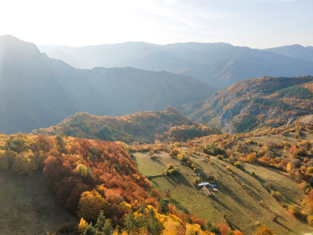 Amazing Aerial Autumn view of Rhodope mountain near village of Borovo, Plovdiv Region, Bulgariaの写真素材