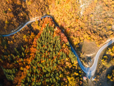 Amazing Aerial Autumn view of Rhodope mountain near village of Borovo, Plovdiv Region, Bulgariaの写真素材
