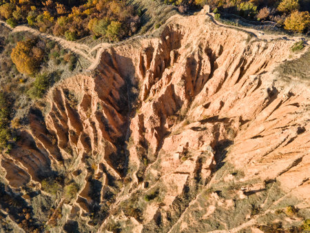 Aerial Autumn Sunset view of rock formation Stob pyramids, Kyustendil region, Bulgariaの写真素材
