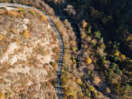 Aerial Autumn view of Rhodope Mountains around Chepelarska River (Chaya), Bulgariaの写真素材