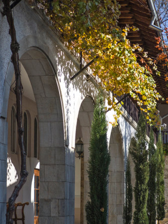 Autumn view of Medieval Bachkovo Monastery Dormition of the Mother of God, Plovdiv Region, Bulgaria