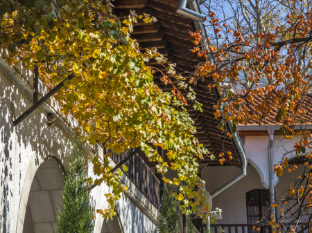 Autumn view of Medieval Bachkovo Monastery Dormition of the Mother of God, Plovdiv Region, Bulgaria