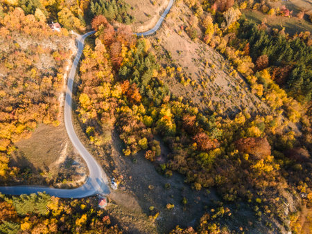 Amazing Aerial Autumn view of Rhodope mountain near village of Borovo, Plovdiv Region, Bulgariaの写真素材
