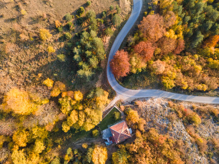 Amazing Aerial Autumn view of Rhodope mountain near village of Borovo, Plovdiv Region, Bulgariaの写真素材