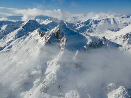 Amazing Aerial Winter view of Pirin Mountain near Polezhan and Bezbog Peaks, Bulgariaの写真素材