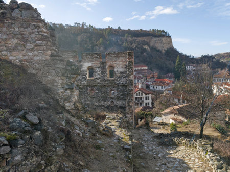 Typical street and old houses at town of Melnik, Blagoevgrad region, Bulgariaの写真素材