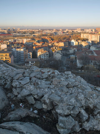 Panoramic Sunset cityscape of Plovdiv city from Nebet Tepe hill, Bulgaria