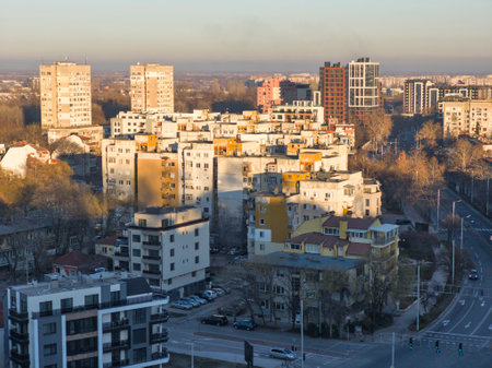 Panoramic Sunset cityscape of Plovdiv city from Nebet Tepe hill, Bulgariaの写真素材