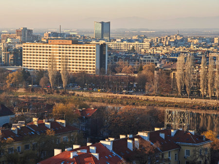 Panoramic Sunset cityscape of Plovdiv city from Nebet Tepe hill, Bulgariaの写真素材