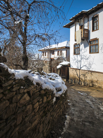Winter view of Village of Leshten with Authentic nineteenth century houses, Blagoevgrad Region, Bulgariaの写真素材