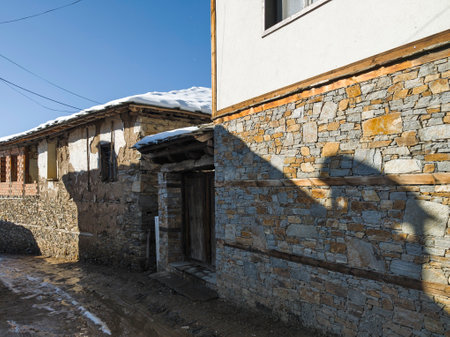 Winter view of Village of Leshten with Authentic nineteenth century houses, Blagoevgrad Region, Bulgariaの写真素材