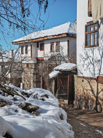 Winter view of Village of Leshten with Authentic nineteenth century houses, Blagoevgrad Region, Bulgariaの写真素材