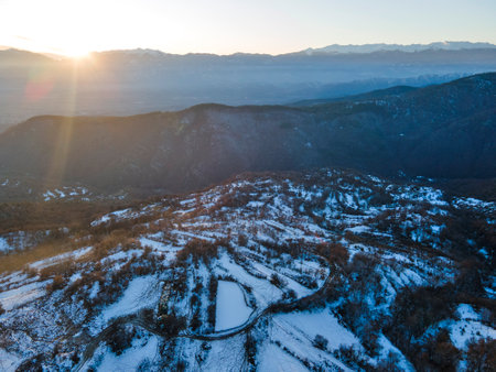 Aerial Winter view of Village of Leshten with Authentic nineteenth century houses, Blagoevgrad Region, Bulgariaの写真素材