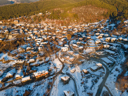 Aerial Winter view of Village of Leshten with Authentic nineteenth century houses, Blagoevgrad Region, Bulgariaの写真素材