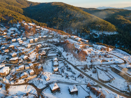 Aerial Winter view of Village of Leshten with Authentic nineteenth century houses, Blagoevgrad Region, Bulgariaの写真素材